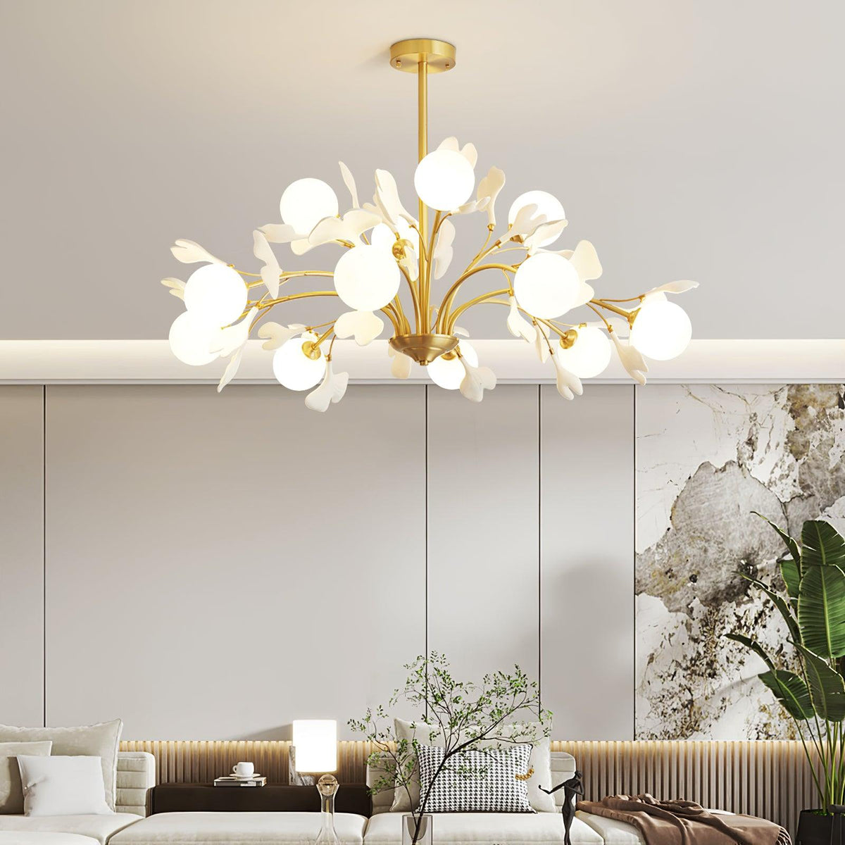 Candeeiro de teto Ginkgo com folhas e globos de vidro fosco