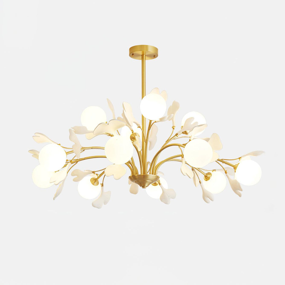 Candeeiro de teto Ginkgo com folhas e globos de vidro fosco