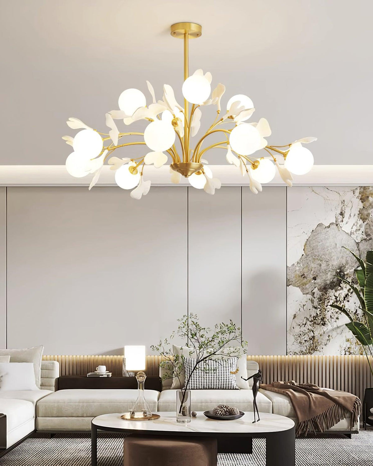 Candeeiro de teto Ginkgo com folhas e globos de vidro fosco