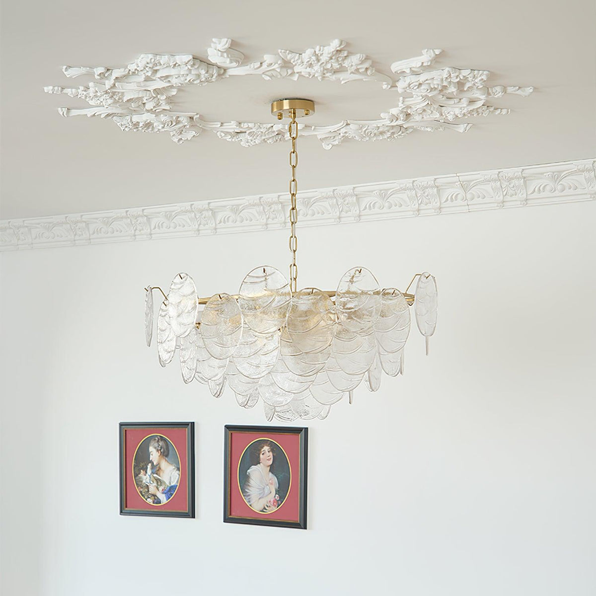 Lysekrone med glasskiver, metalstel, guldfinish, victoriansk