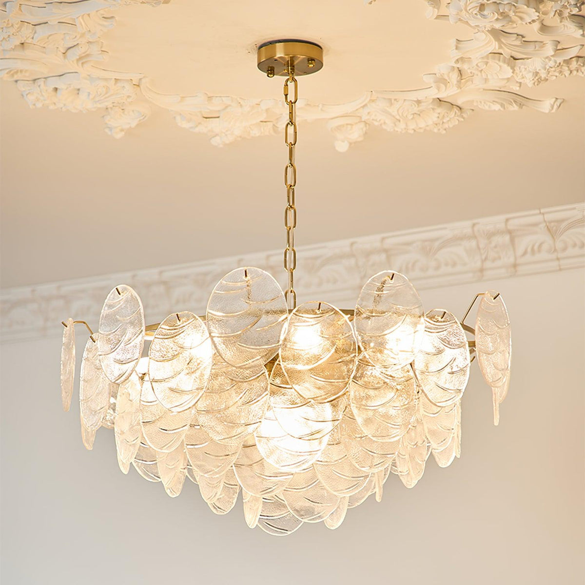 Lysekrone med glasskiver, metalstel, guldfinish, victoriansk