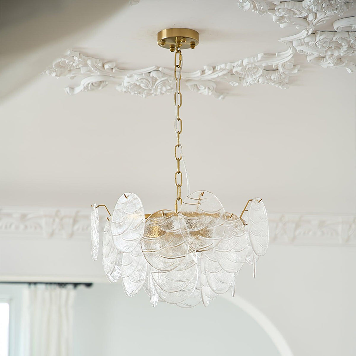 Lysekrone med glasskiver, metalstel, guldfinish, victoriansk
