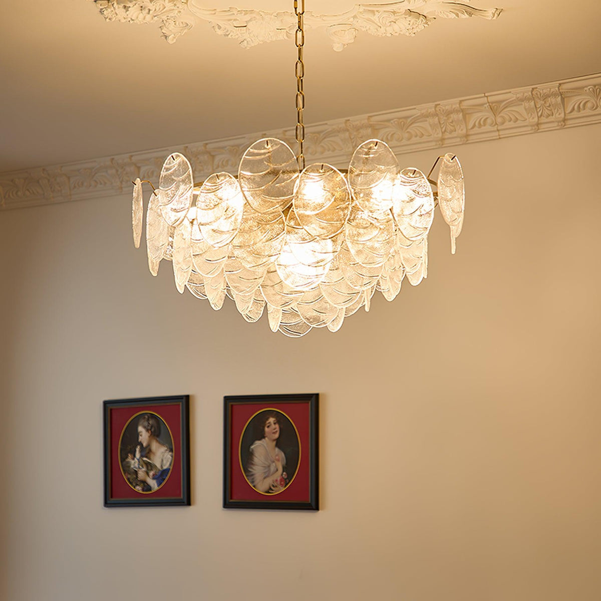Lysekrone med glasskiver, metalstel, guldfinish, victoriansk