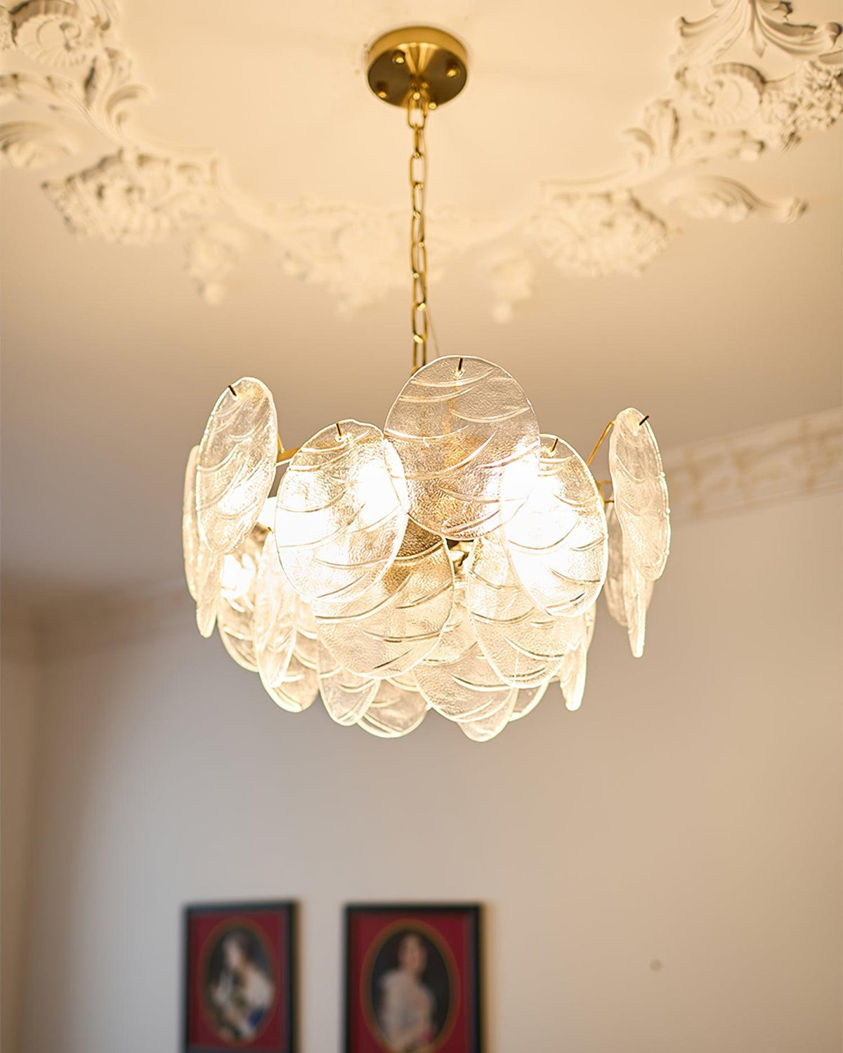 Lysekrone med glasskiver, metalstel, guldfinish, victoriansk