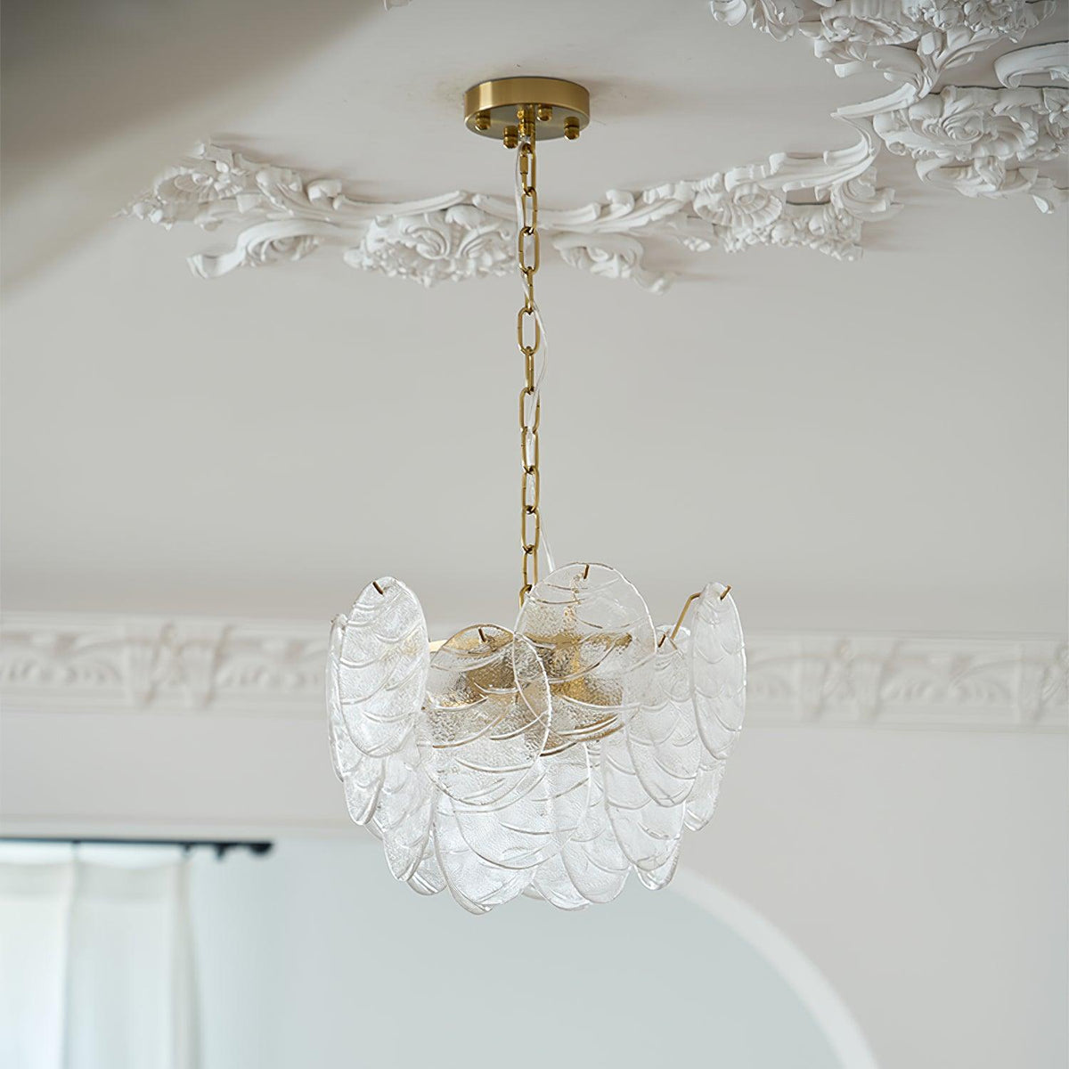 Lysekrone med glasskiver, metalstel, guldfinish, victoriansk