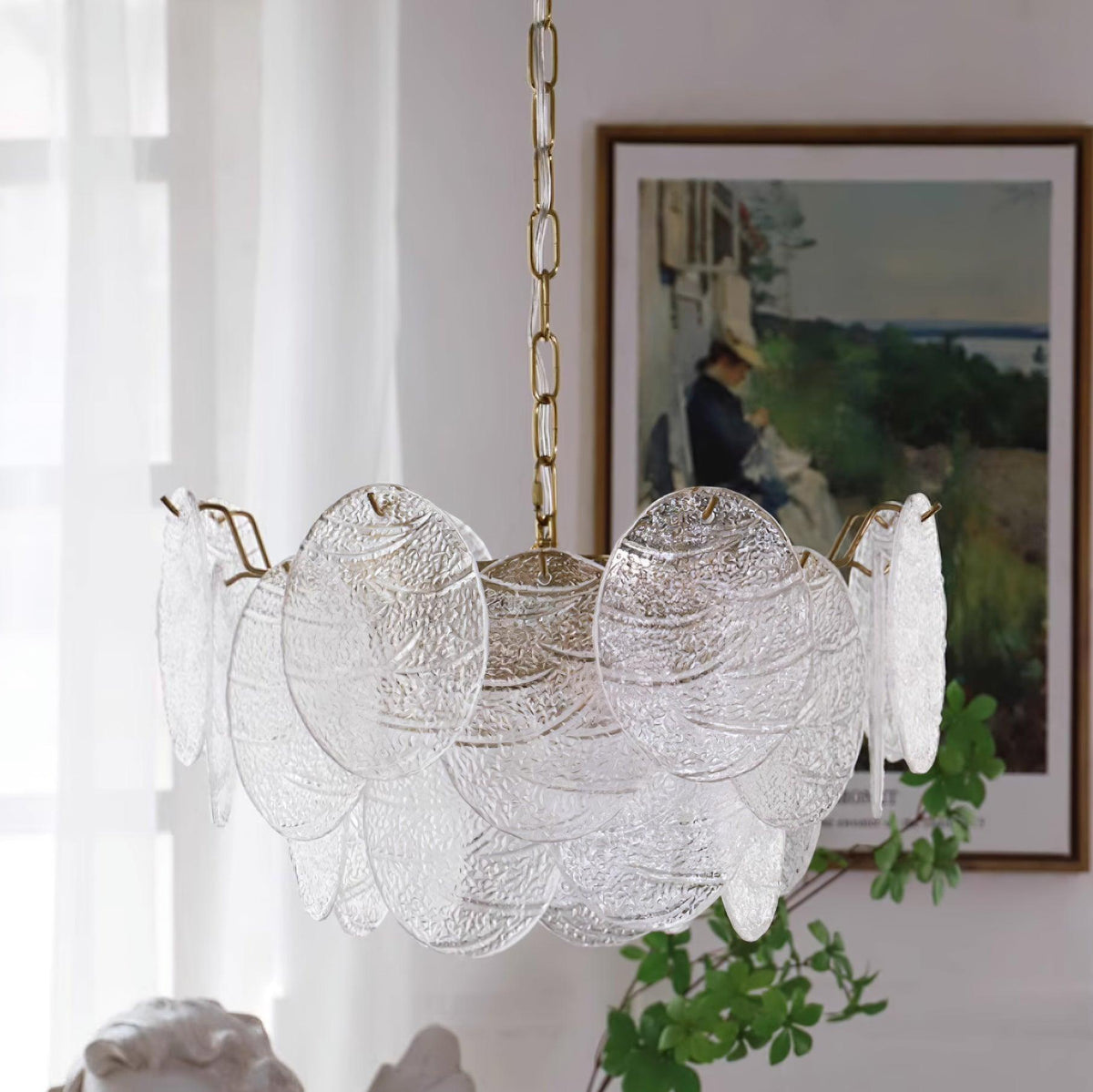 Lysekrone med glasskiver, metalstel, guldfinish, victoriansk