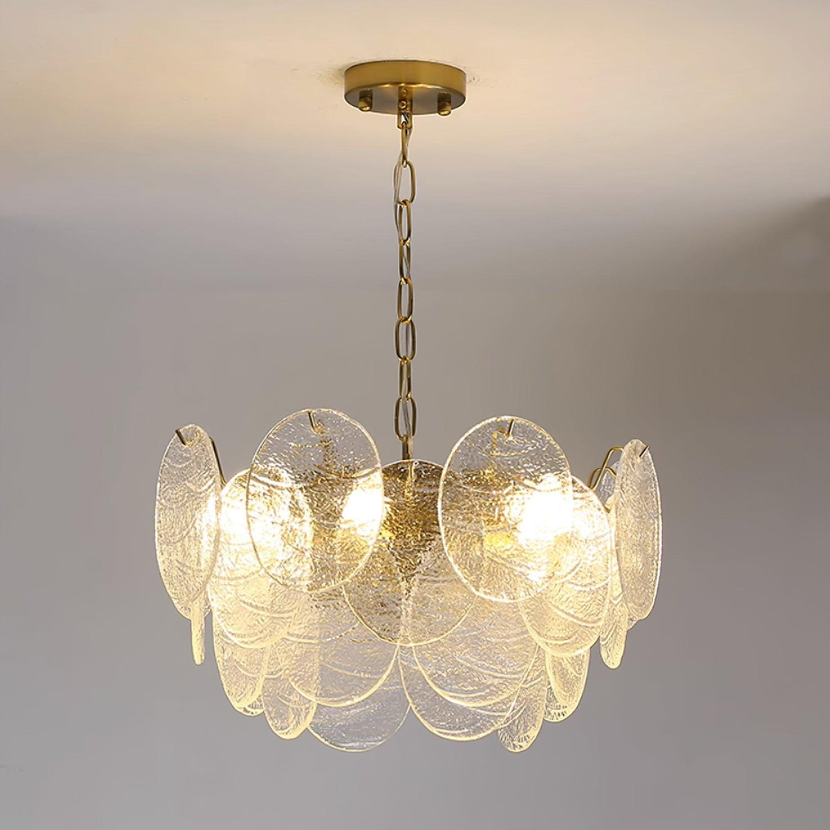 Lysekrone med glasskiver, metalstel, guldfinish, victoriansk