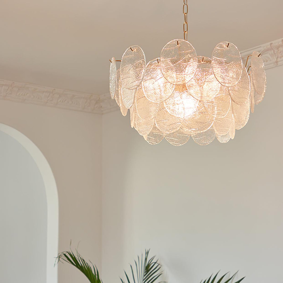 Lysekrone med glasskiver, metalstel, guldfinish, victoriansk