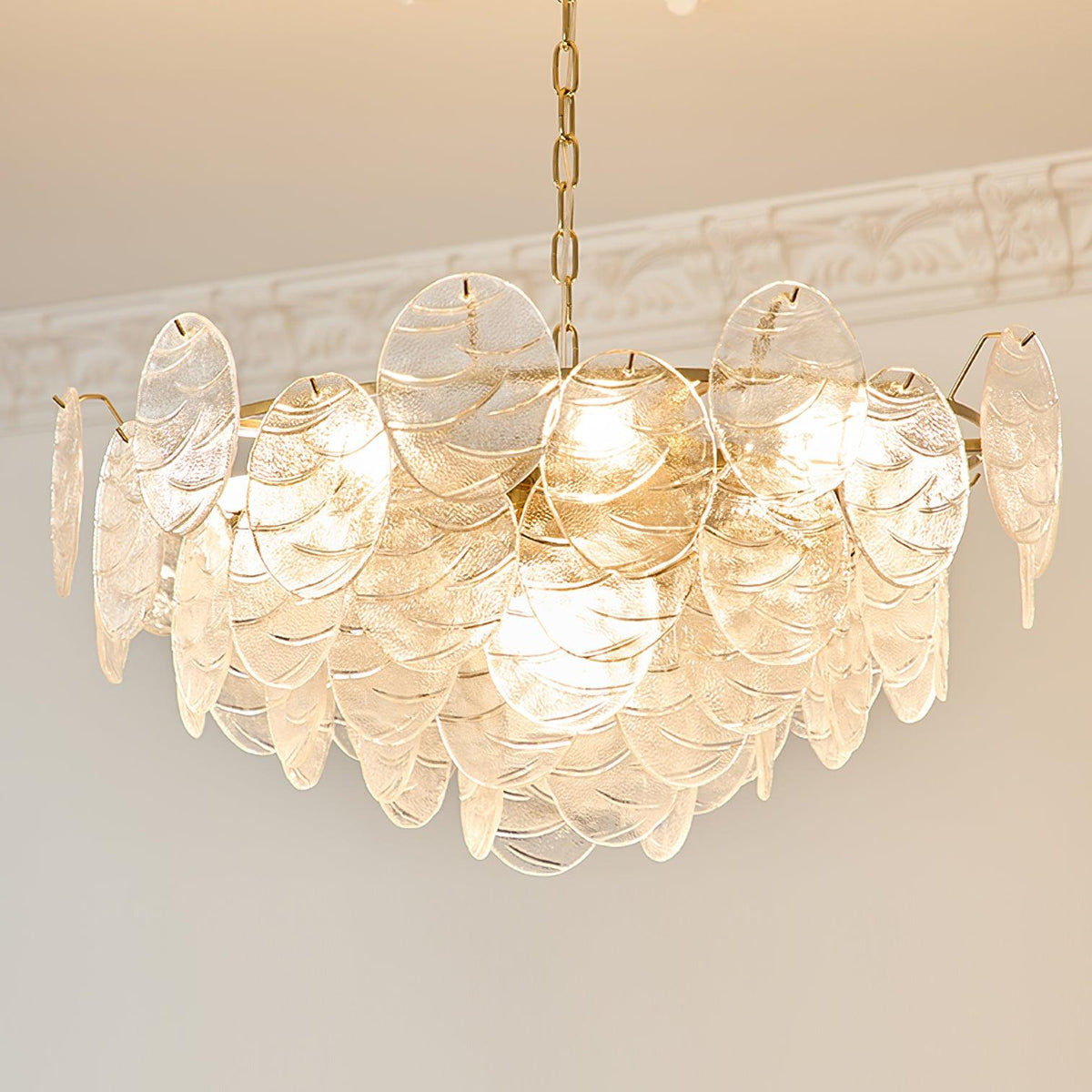 Lysekrone med glasskiver, metalstel, guldfinish, victoriansk