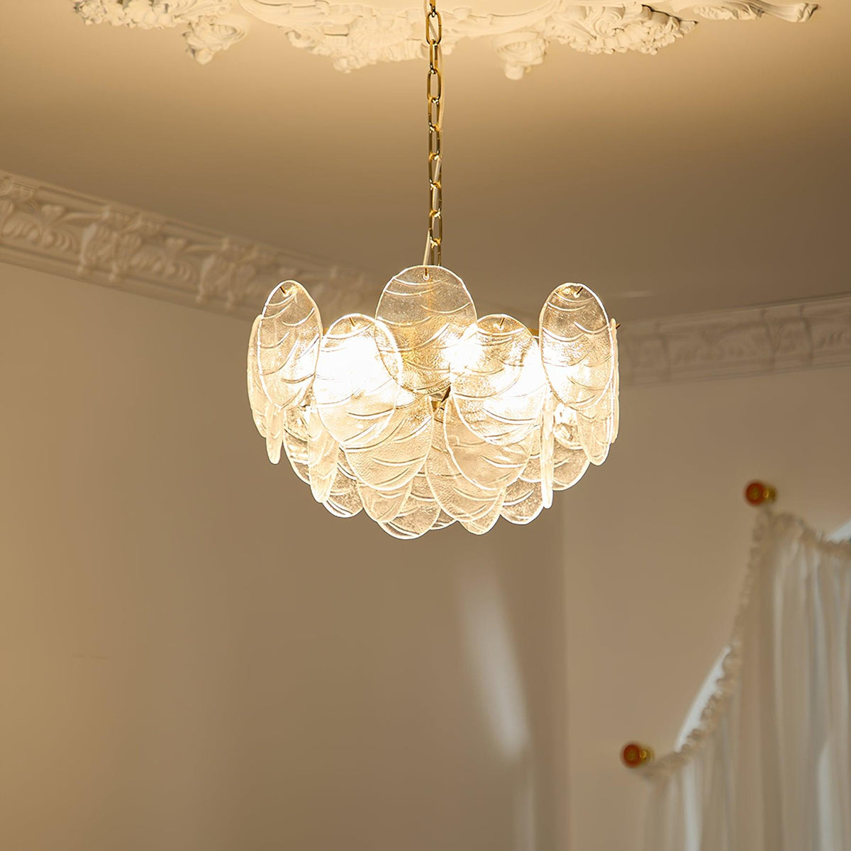 Lysekrone med glasskiver, metalstel, guldfinish, victoriansk