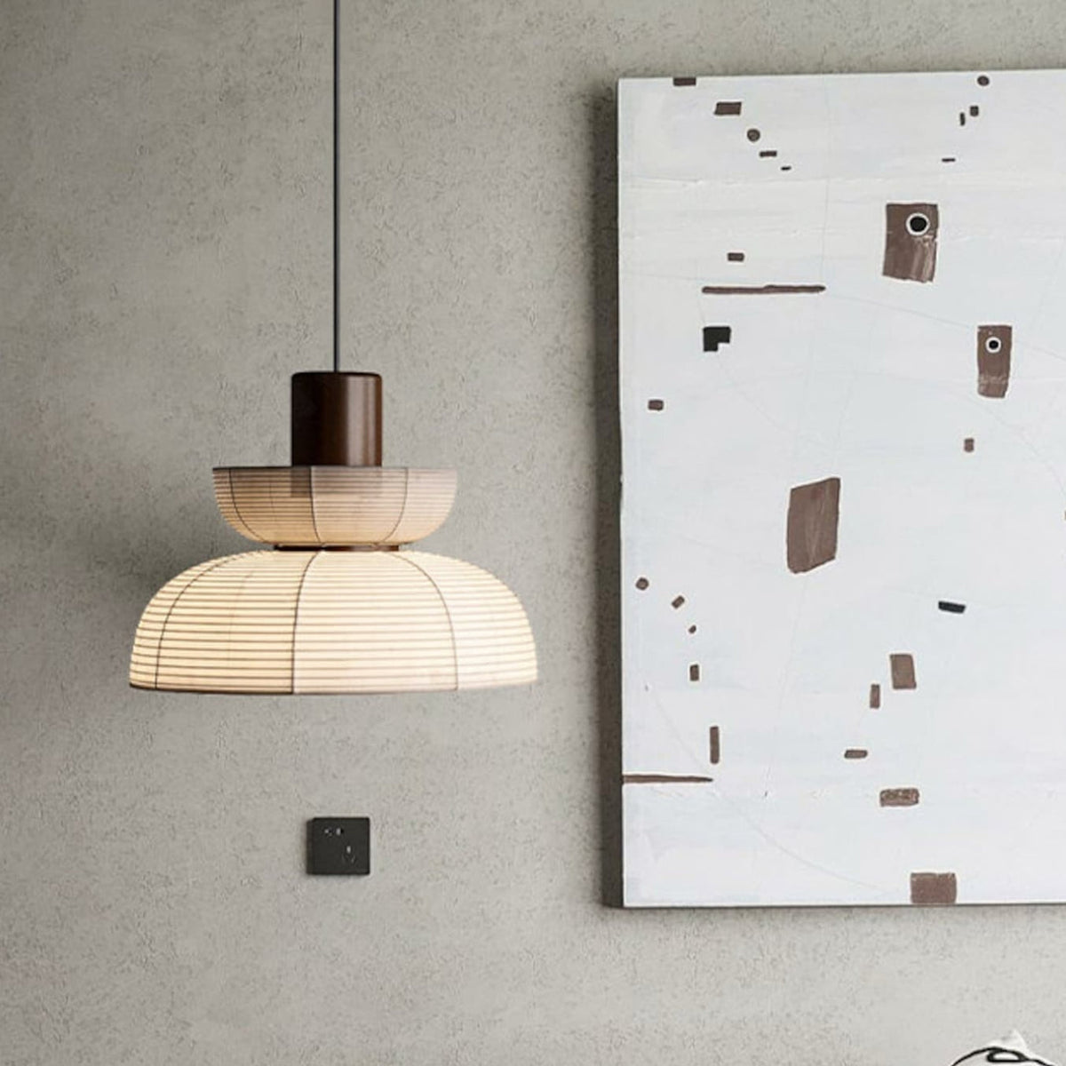 Ritta modern neutral pendellampa i vitt tyg och papper