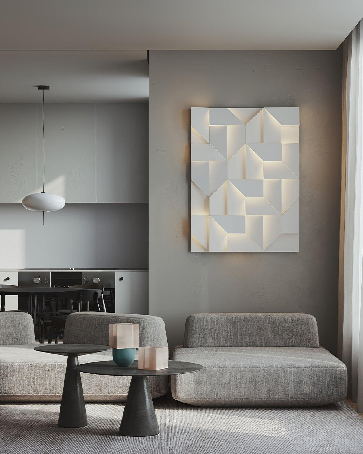 Væglampe med 3D-geometriske paneler, lagdelt lyskunst, fjernbetjent dæmpning, moderne