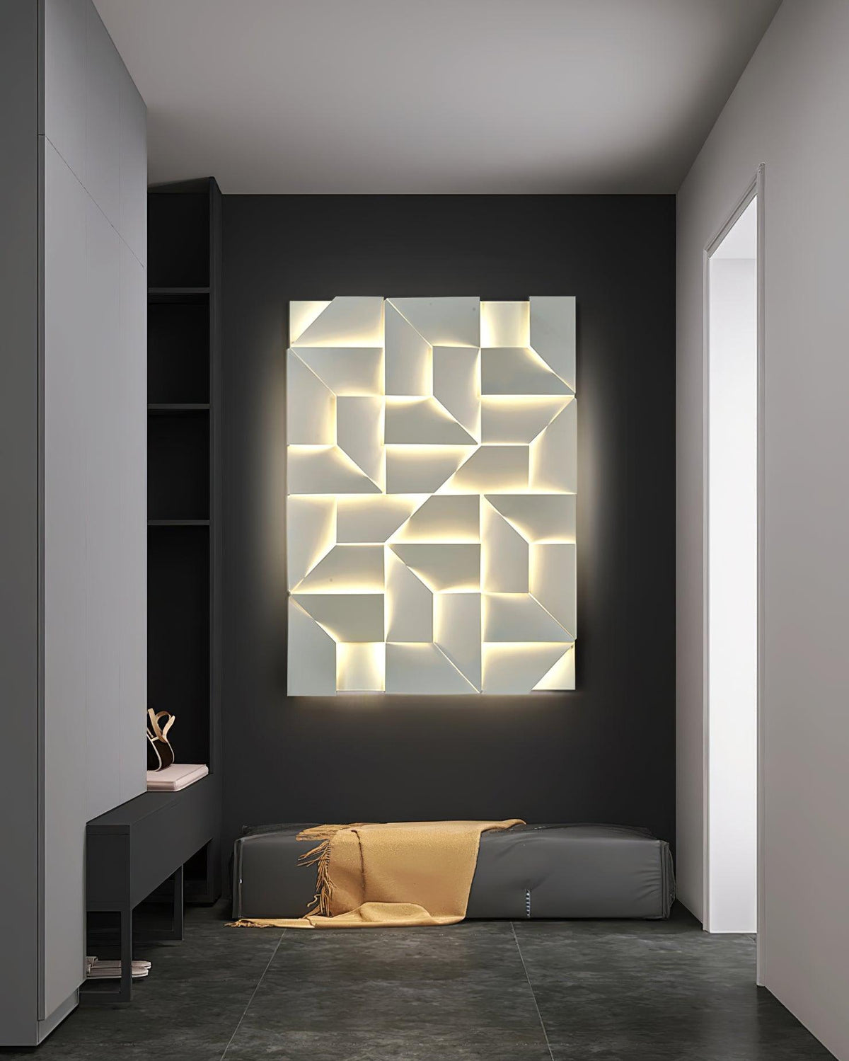 Væglampe med 3D-geometriske paneler, lagdelt lyskunst, fjernbetjent dæmpning, moderne