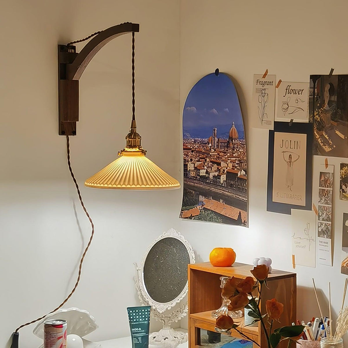 Esviel Nordic Art Swing Arm Walnut Ceramic Wall Light