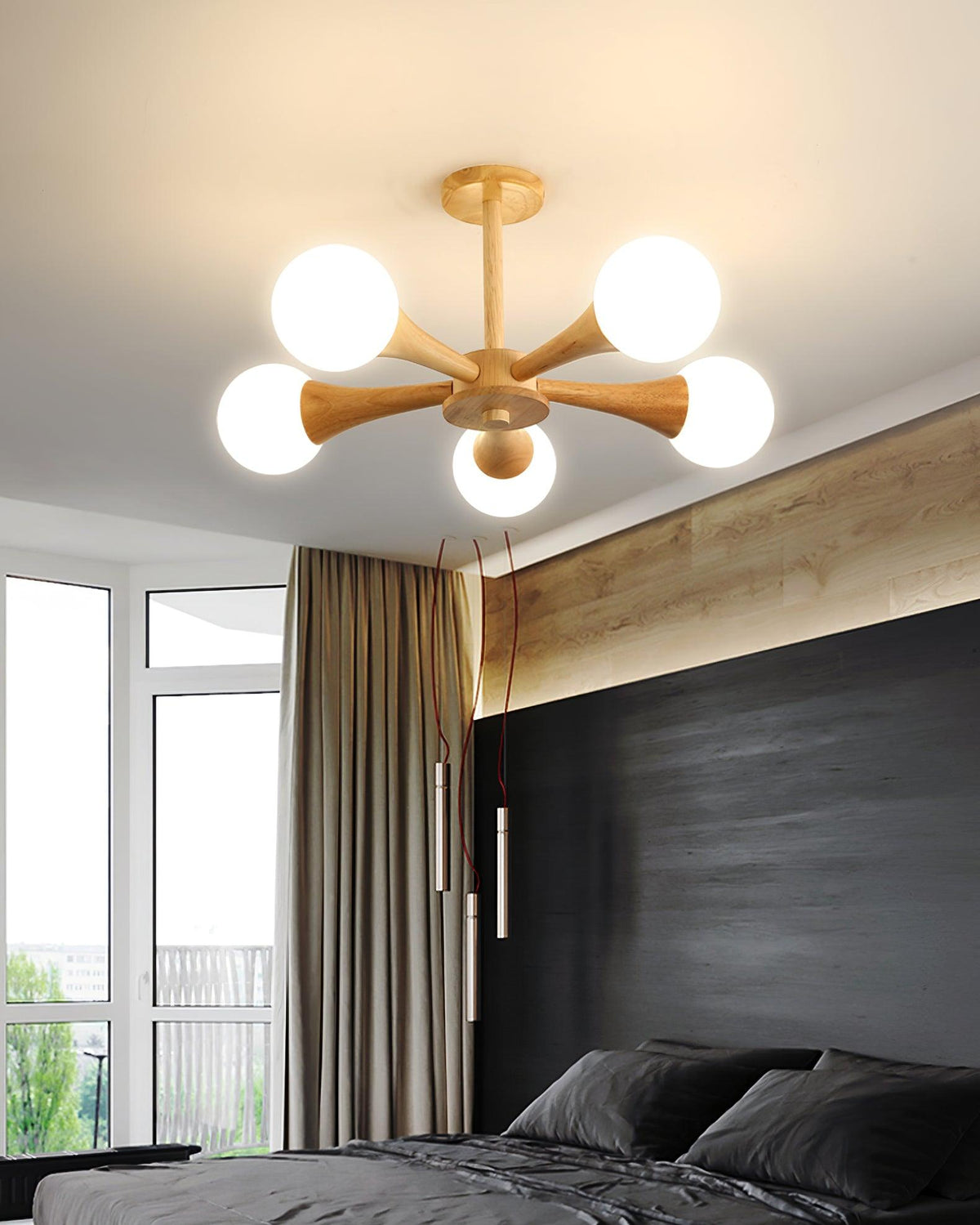 Lustre retro Drae com globo de madeira