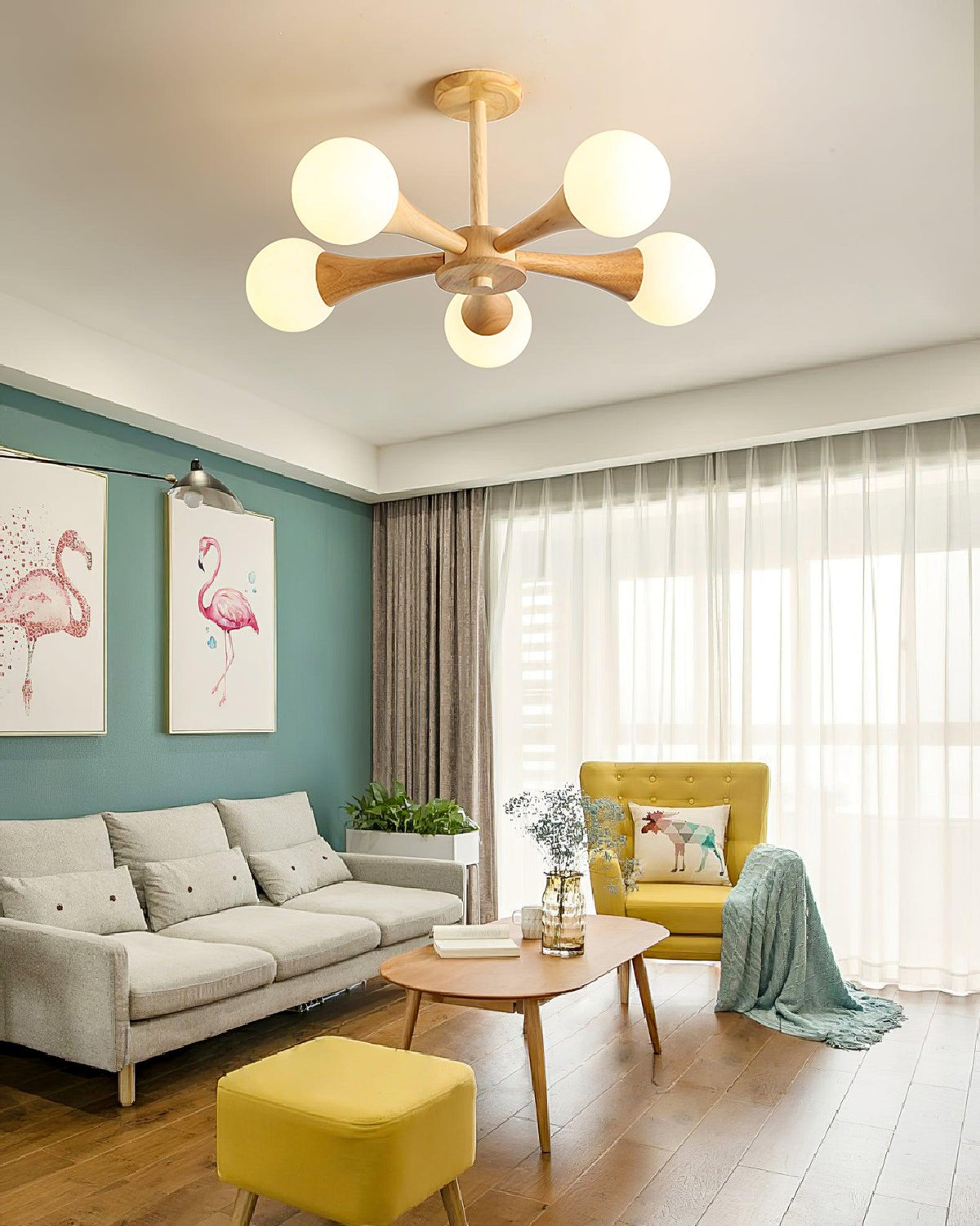Lustre retro Drae com globo de madeira