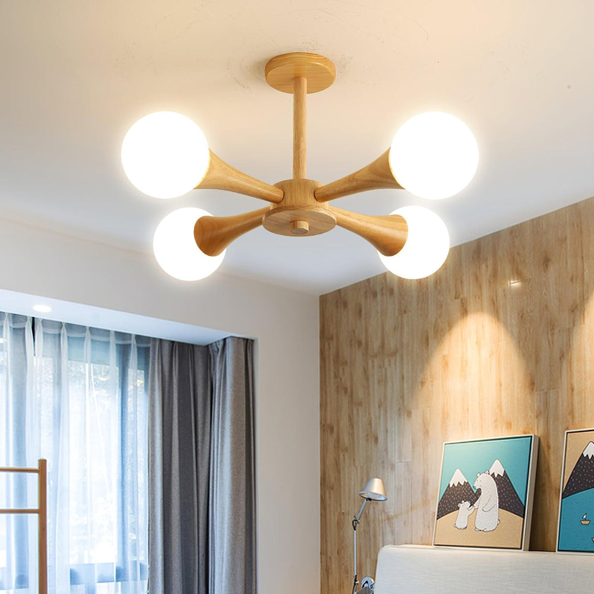 Lustre retro Drae com globo de madeira
