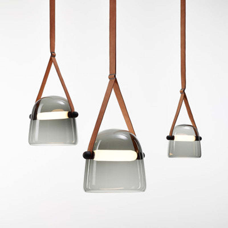 Valentina moderne nordisk pendellampe i læder/glas, grå/hvid