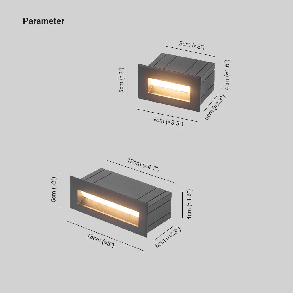 Ray moderne rektangulær udendørs terrasse-/trappelampe i metal, sort