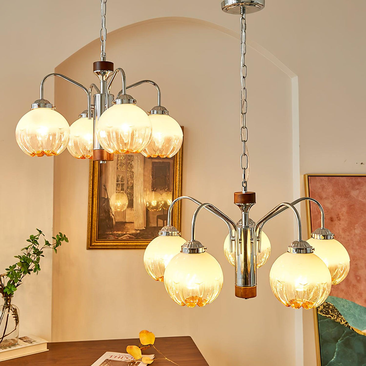 Lustre de vidro e nogueira, nórdico, artístico e com flores Ulliria