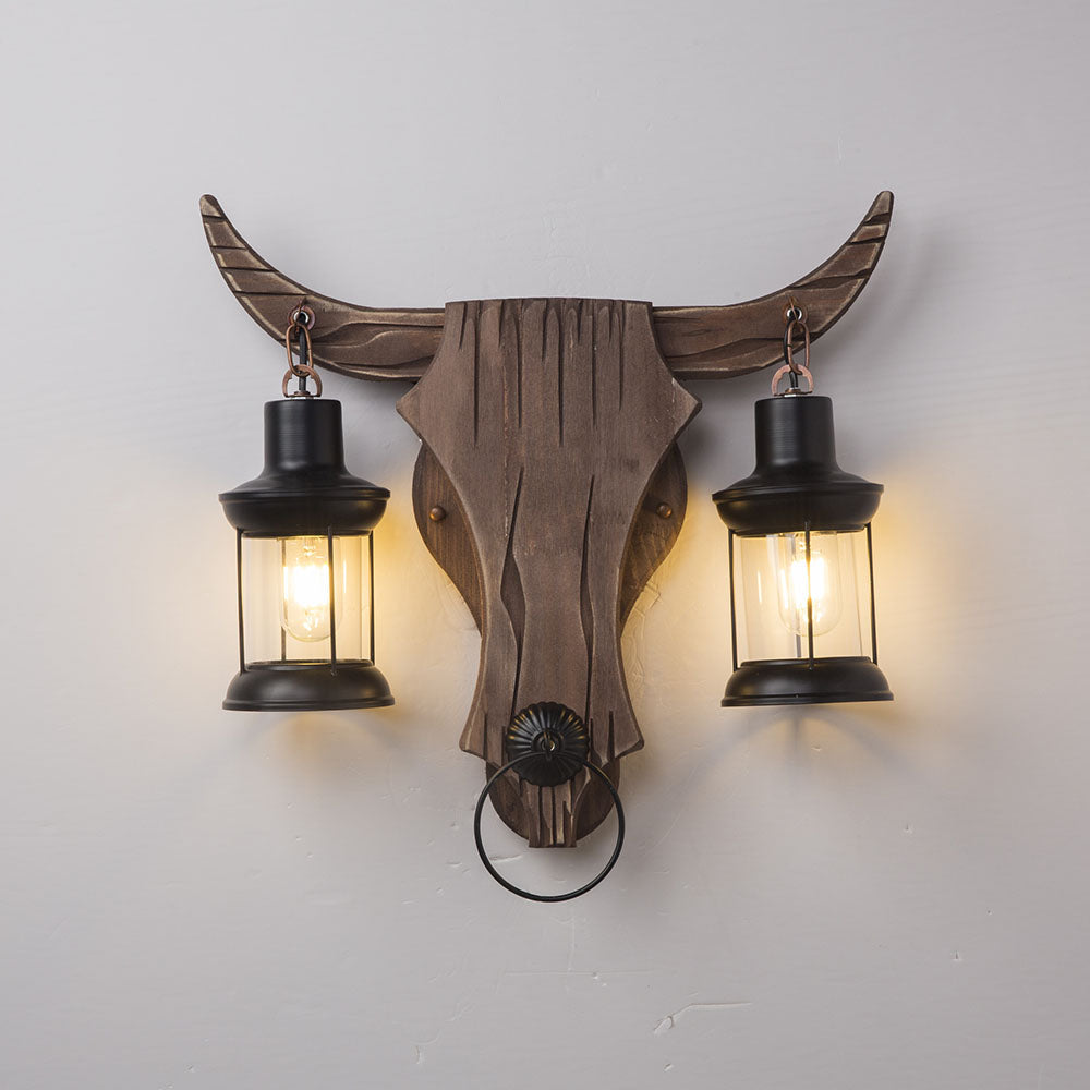 Austin vintage vägglampa i form av tjur, 2-armad, trä/metall, sovrum